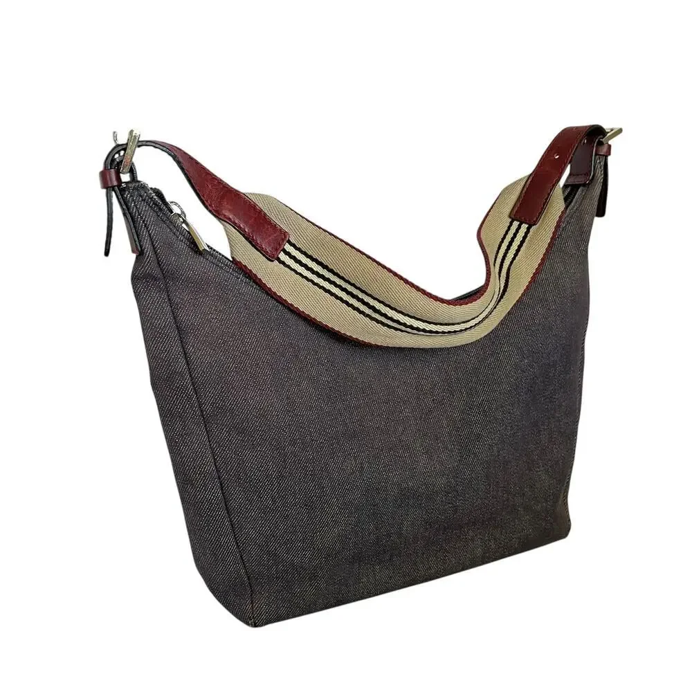 Burberry Vintage Y2K Denim Blue Icon Stripe Leather Strap Hobo Shoulder Bag
